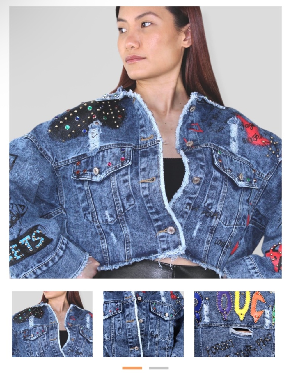 M2 Beaded Graffiti Distressed Cropped Denim Jacket Men (SGgg